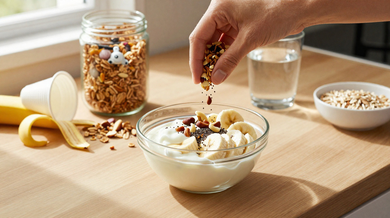 Mão a polvilhar granola numa taça com iogurte e fatias de banana em cima de uma mesa de cozinha.