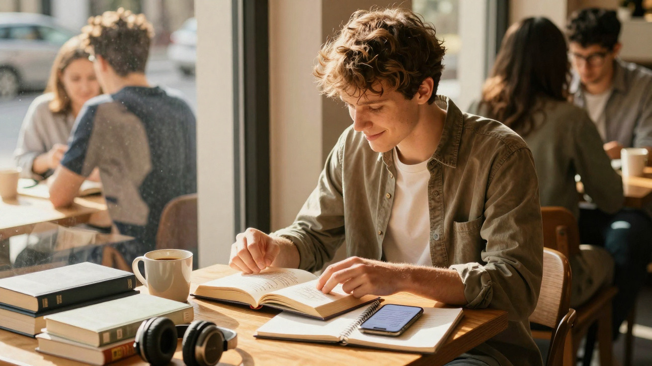 Jovem a estudar num café, lendo um livro com caderno, telemóvel e auscultadores na mesa.
