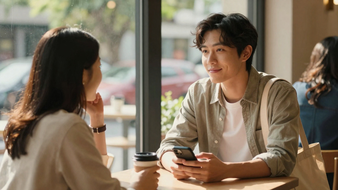 Casal jovem sentado à mesa de um café, conversa e sorri num ambiente acolhedor.