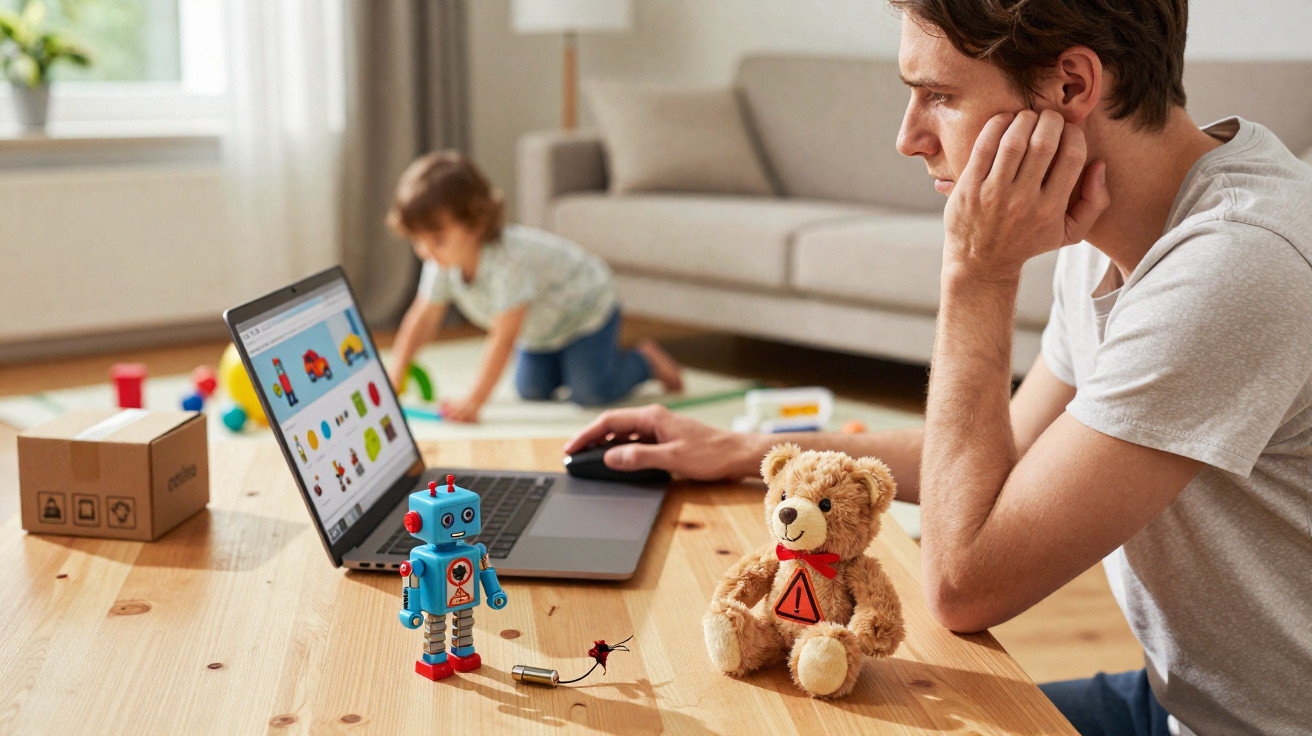 Homem preocupado no computador com brinquedos pequenos com símbolos de alerta numa mesa e criança ao fundo.