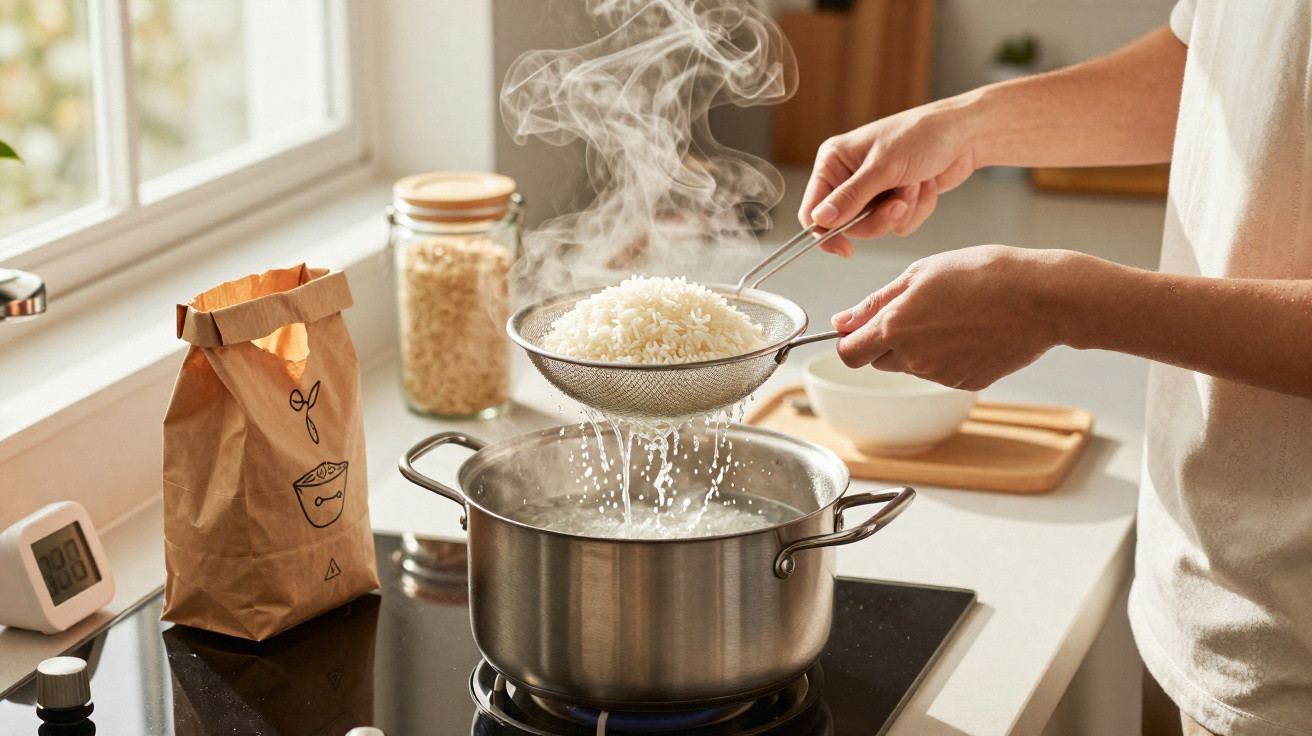 Pessoa a escorrer arroz cozido num passador sobre uma panela com vapor na cozinha.