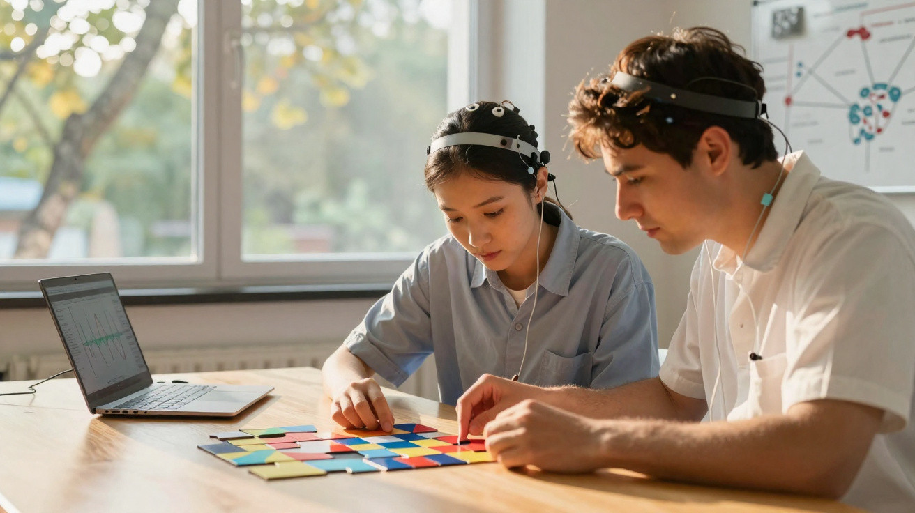 Dois jovens com dispositivos de eletroencefalografia a jogar um jogo de tabuleiro em ambiente iluminado.