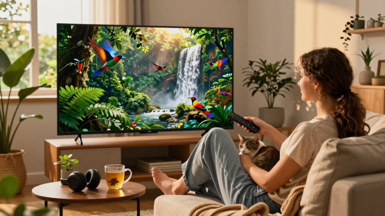 Mulher sentada no sofá com gato ao colo a assistir televisão que mostra paisagem de floresta com pássaros e cascata.