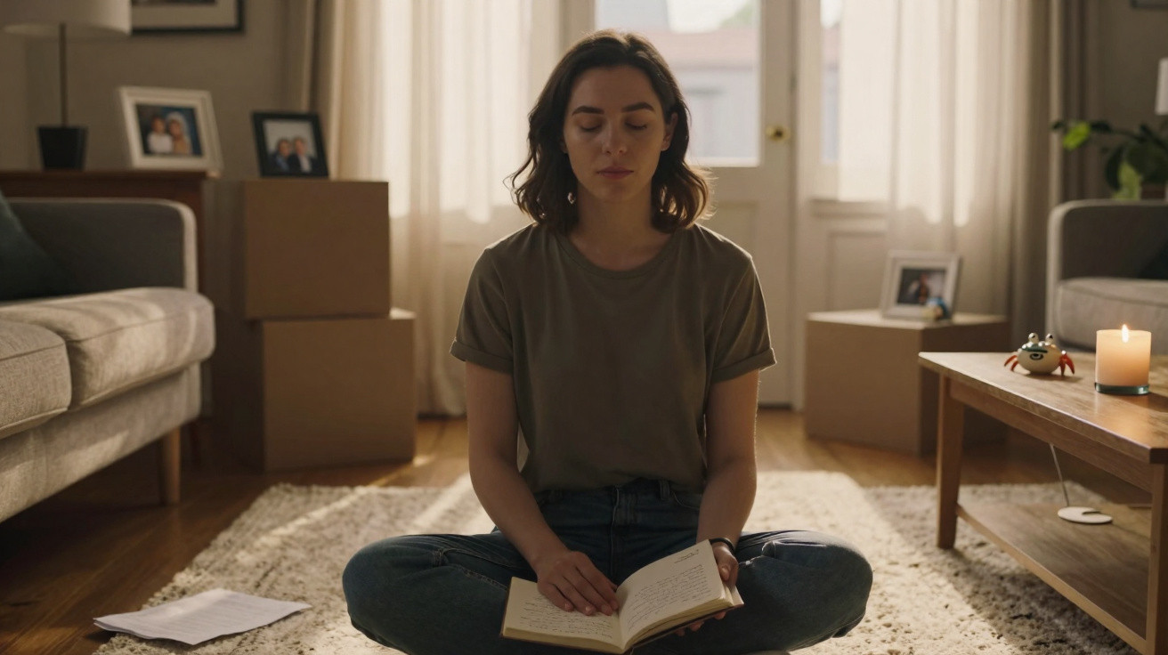 Mulher jovem sentado no chão de sala a ler um livro, rodeada de caixas de mudança e luz suave natural.