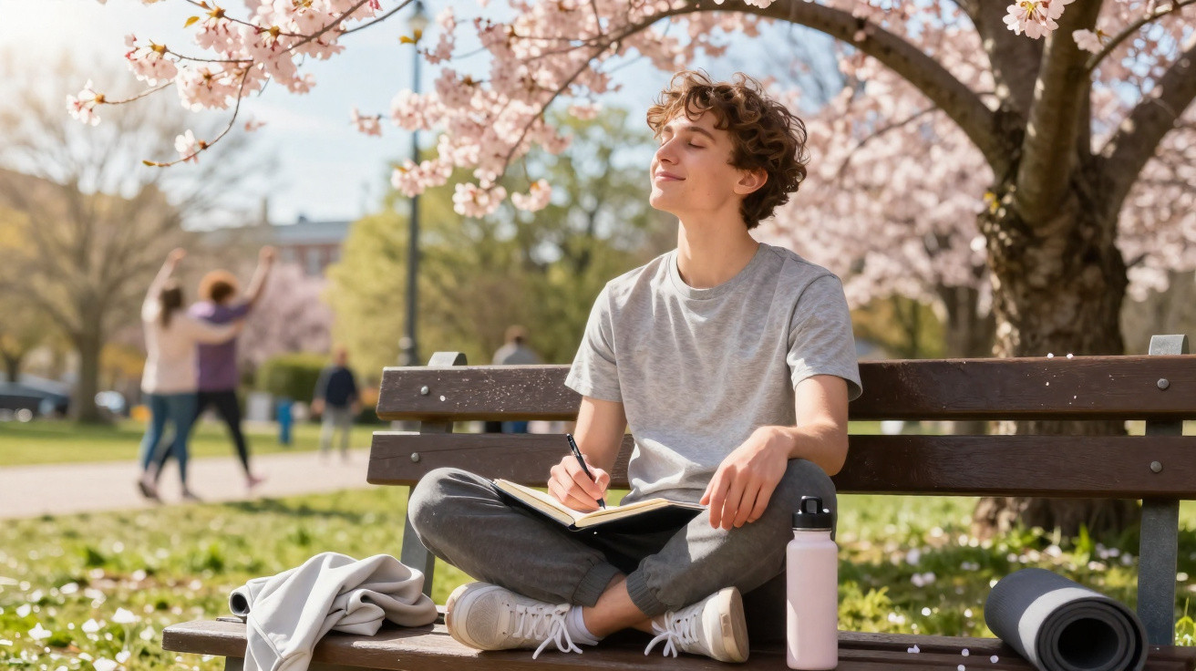 Jovem sentado no banco de um parque, a escrever num caderno, rodeado por árvores com flores cor-de-rosa.
