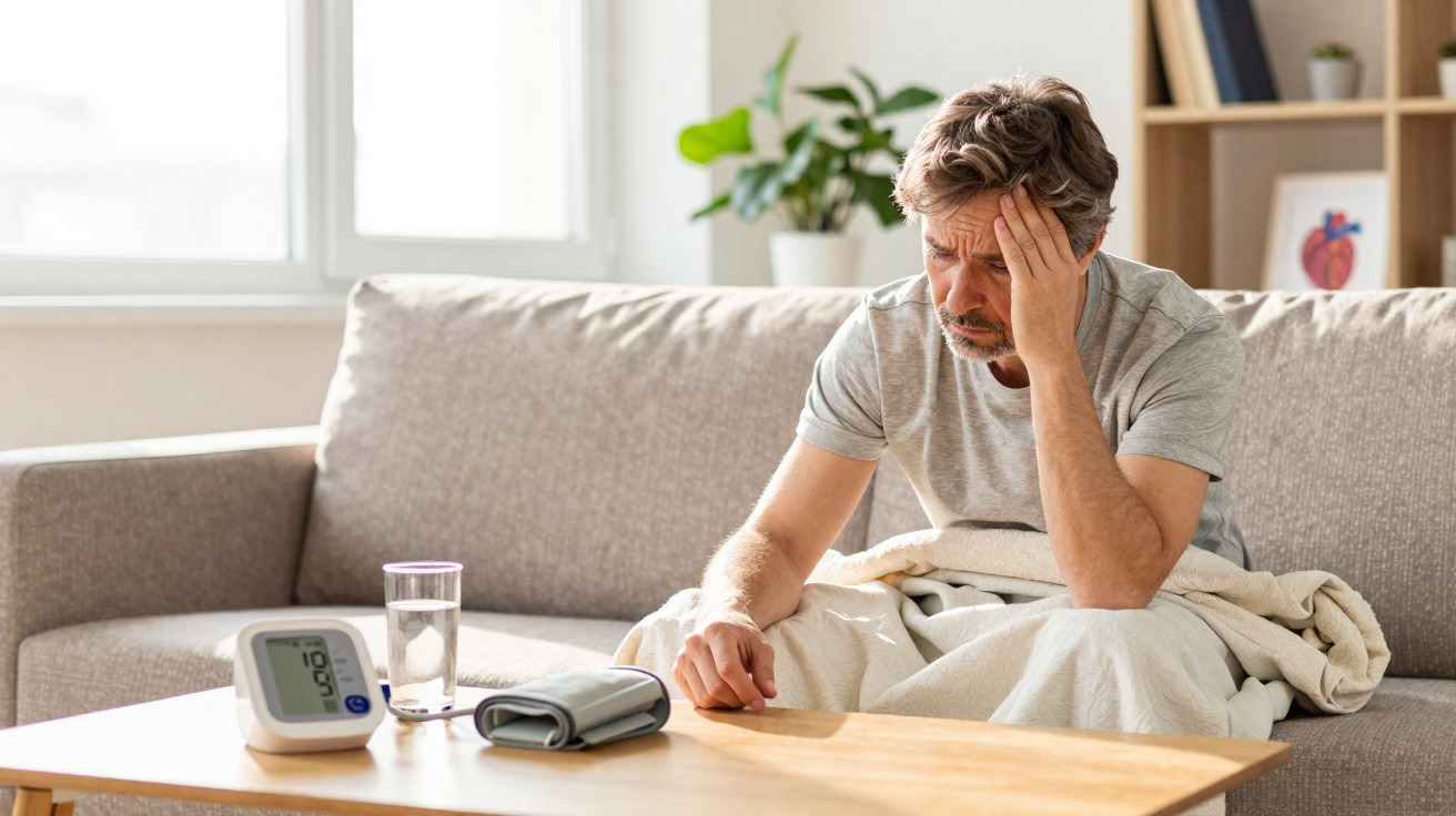 Homem sentado no sofá com expressão de dor, medindo pressão arterial com monitor na mesa à frente.