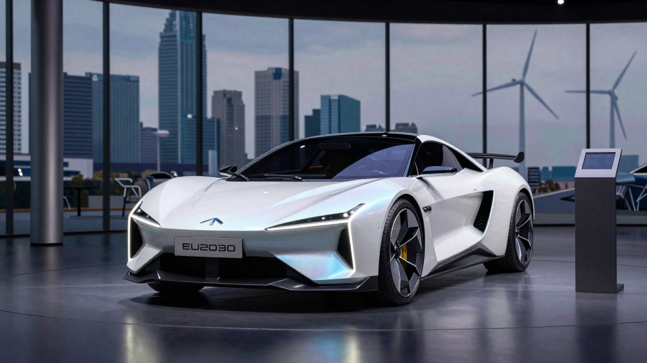 Carro desportivo elétrico branco estacionado em salão moderno com vista para cidade e turbinas eólicas ao fundo.