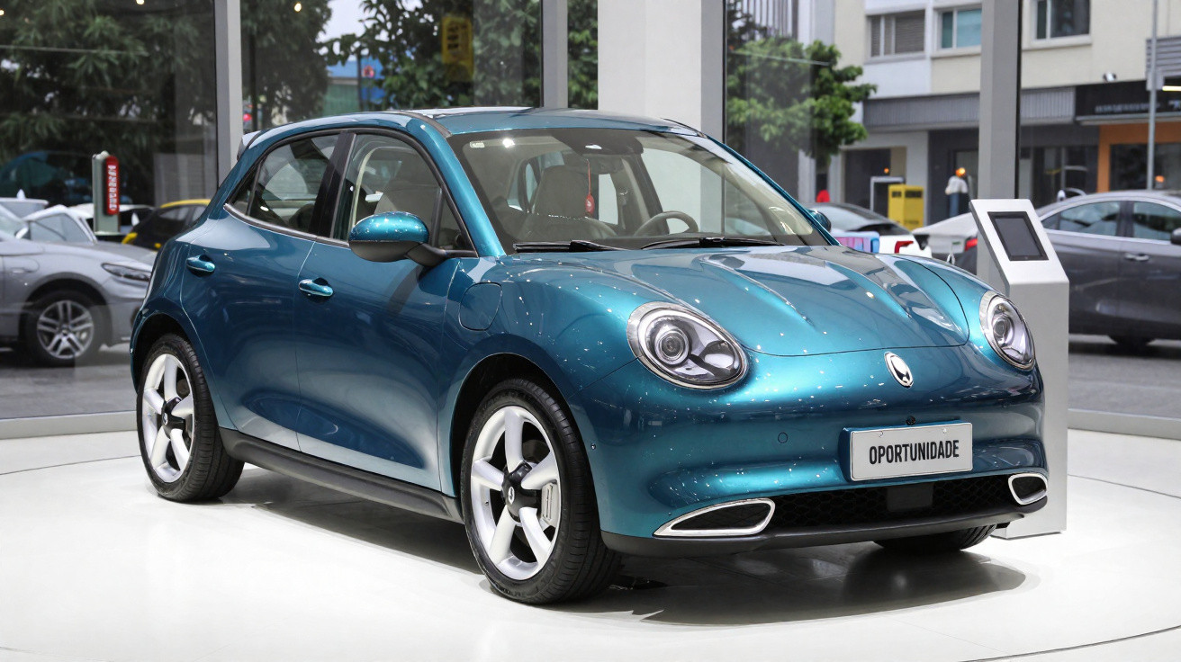 Carro compacto azul metálico exposto em showroom, com design moderno e faróis redondos iluminados.