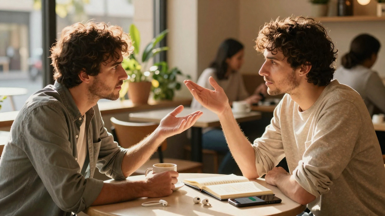 Duas pessoas com cabelo encaracolado conversam num café, com livro, telemóvel e café na mesa.