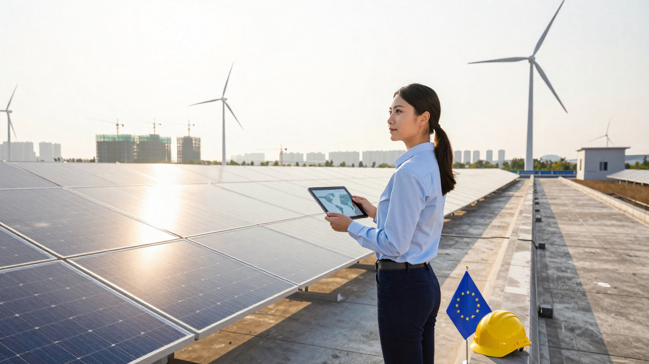 Mulher com tablet analisa painéis solares com turbinas eólicas ao fundo numa instalação de energia limpa.