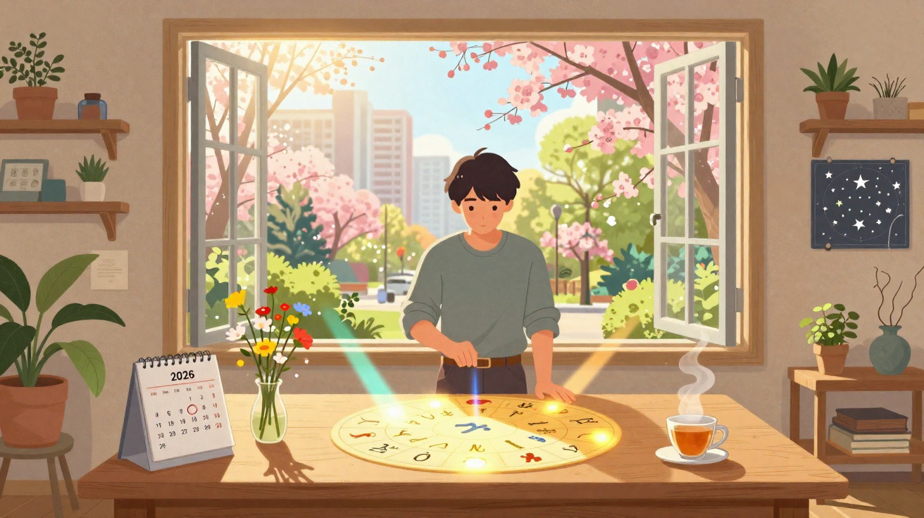 Pessoa a estudar astrologia na mesa, com janela aberta para jardim florido e calendário de 2026.