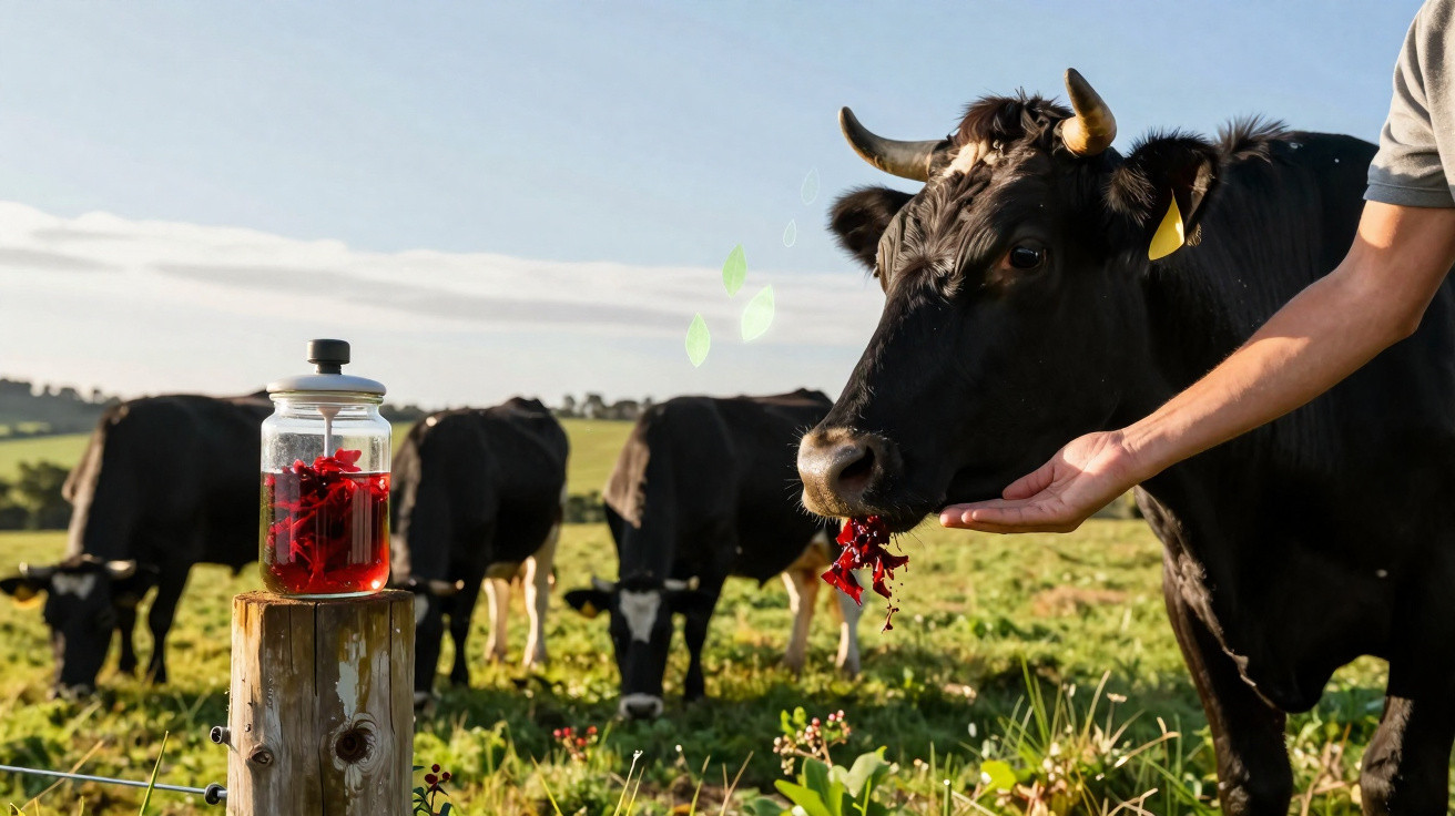 Vaca preta a ser alimentada com flores vermelhas por uma mão numa pastagem ao pôr do sol.