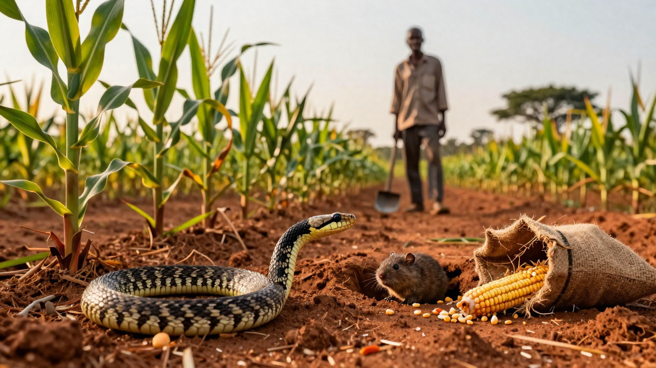 Cobra, rato e mala com milho num campo, com agricultor ao fundo segurando enxada.