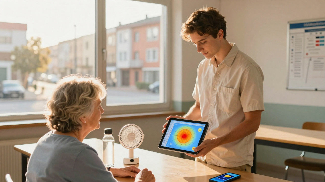 Jovem mostrando dados solares num tablet a senhora sentada junto à mesa numa sala iluminada.