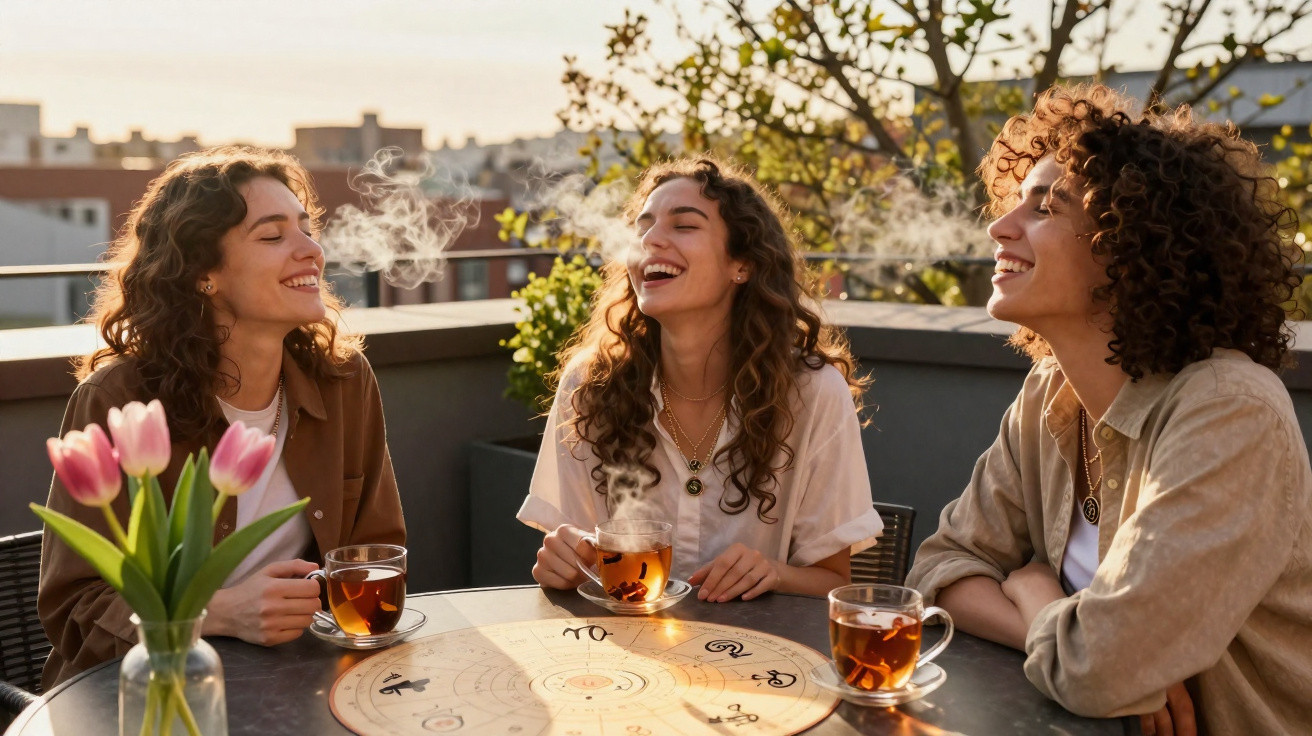 Três mulheres felizes a beber chá numa esplanada, rodeadas de plantas e luz do pôr do sol.