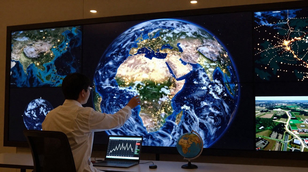 Pessoa em frente a ecrã gigante com imagem da Terra e mapas, usando computador portátil num ambiente tecnológico.