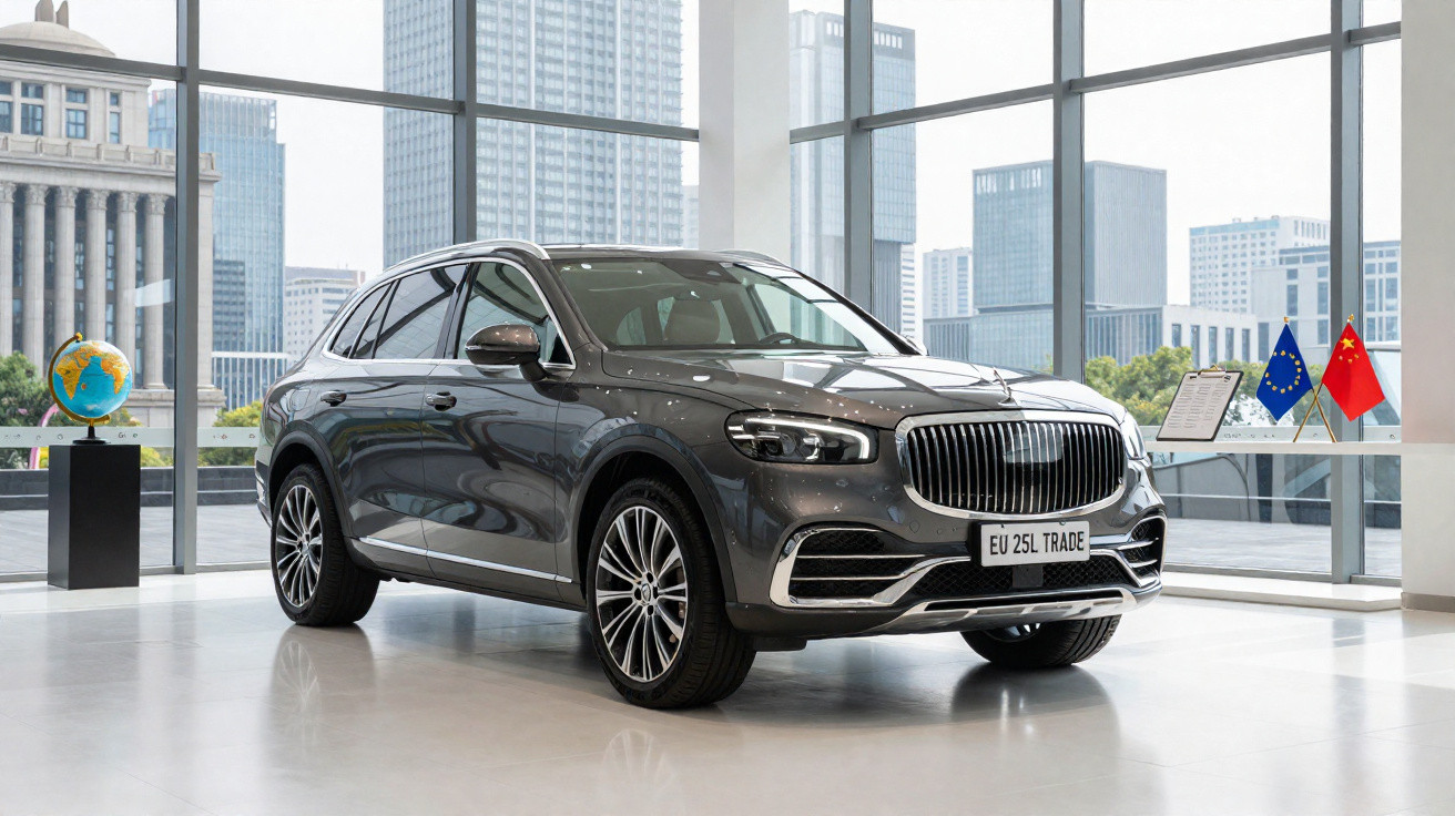 SUV de luxo cinza estacionado num showroom moderno com janelas grandes e bandeiras da UE e China.