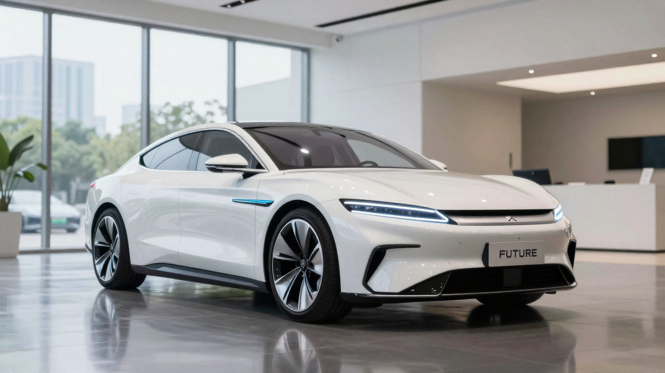 Carro elétrico branco com design futurista estacionado em showroom moderno e luminoso.