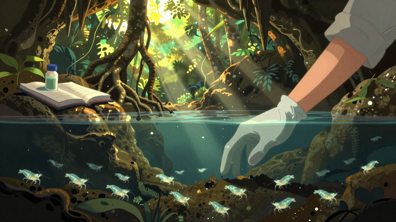 Mão com luva a recolher amostras na água de um rio na floresta, com bichos aquáticos e luz solar ambiente.