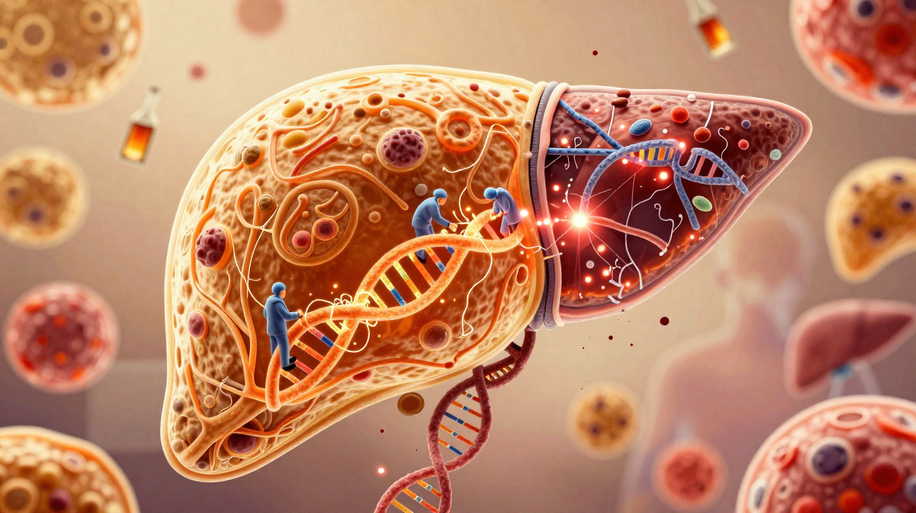 Ilustração detalhada de células hepáticas com sequência de DNA e figuras humanas microscópicas trabalhando.