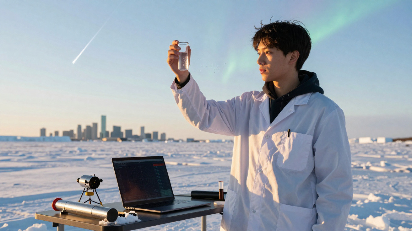 Cientista jovem em campo nevado com bata branca segurando amostra em frasco junto a laptop e instrumentos.