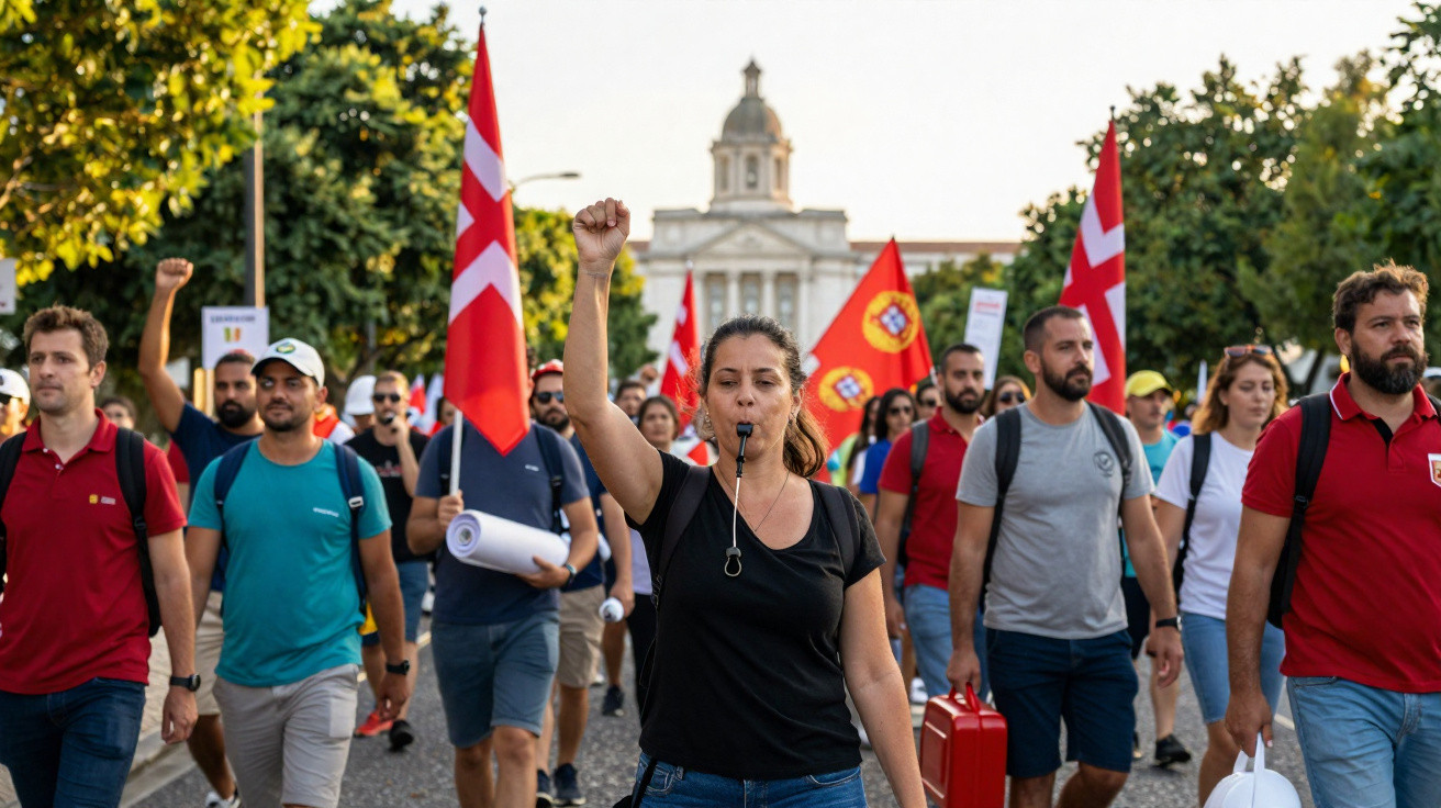 Manifestantes numa marcha com várias bandeiras, incluindo a de Portugal e Dinamarca, em ambiente urbano com edifício históric