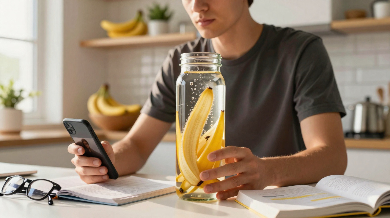 Pessoa a usar telemóvel enquanto segura jarra com bananas em água, numa cozinha iluminada.