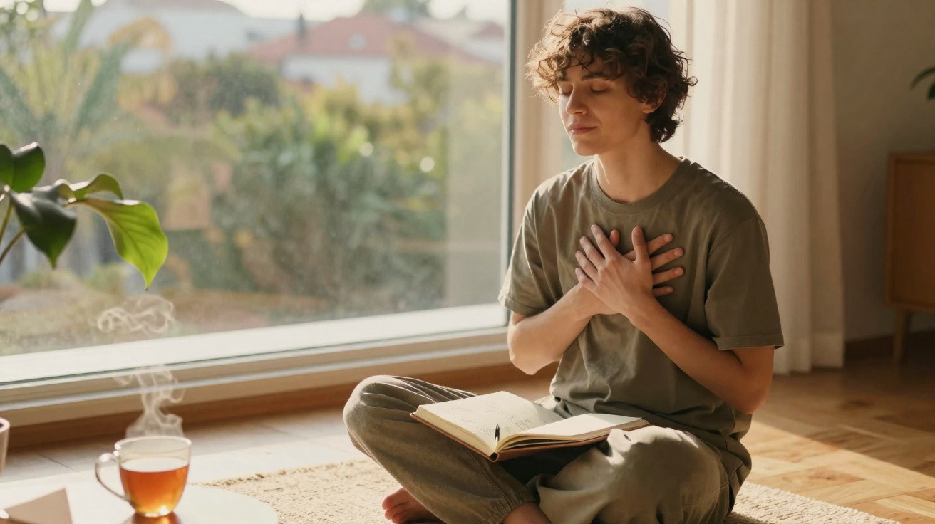 Pessoa sentada no chão em meditação, com as mãos no peito e um livro aberto no colo, junto a uma chávena de chá.