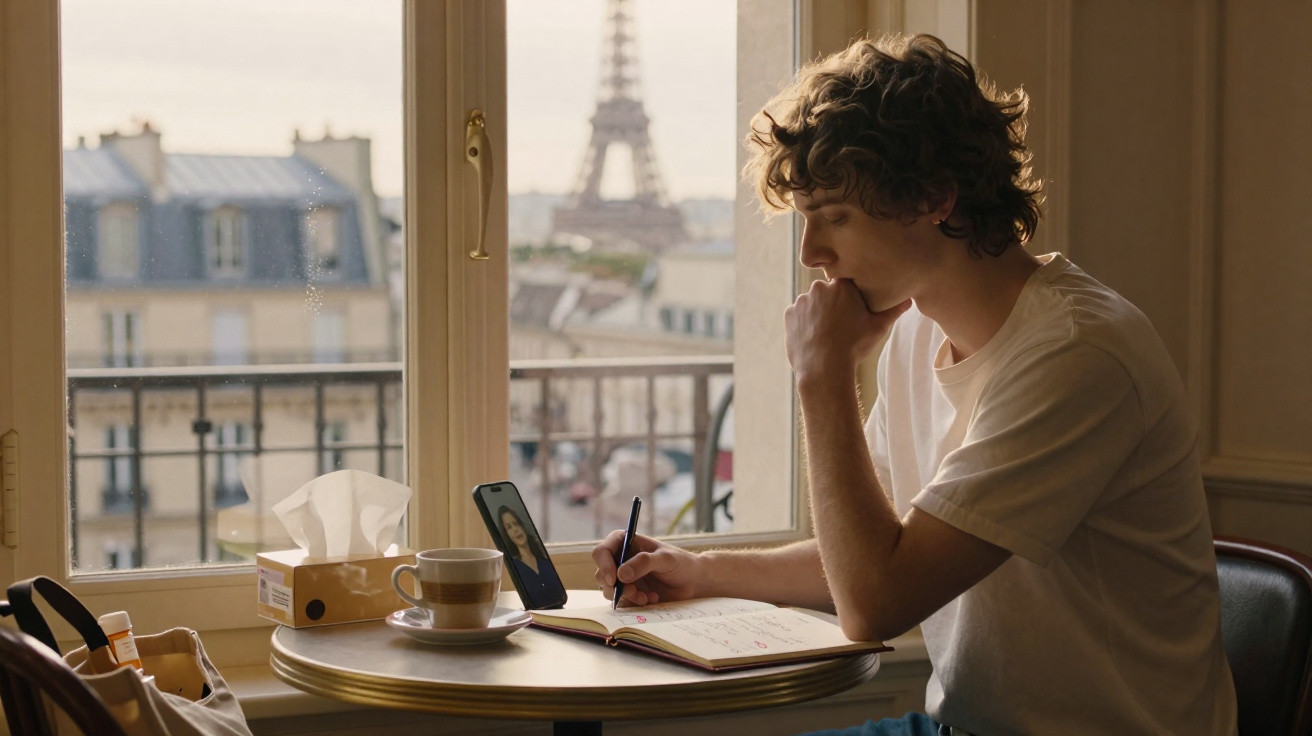 Jovem sentado numa mesa junto a janela com vista para a Torre Eiffel, a escrever num caderno e falar ao telemóvel.