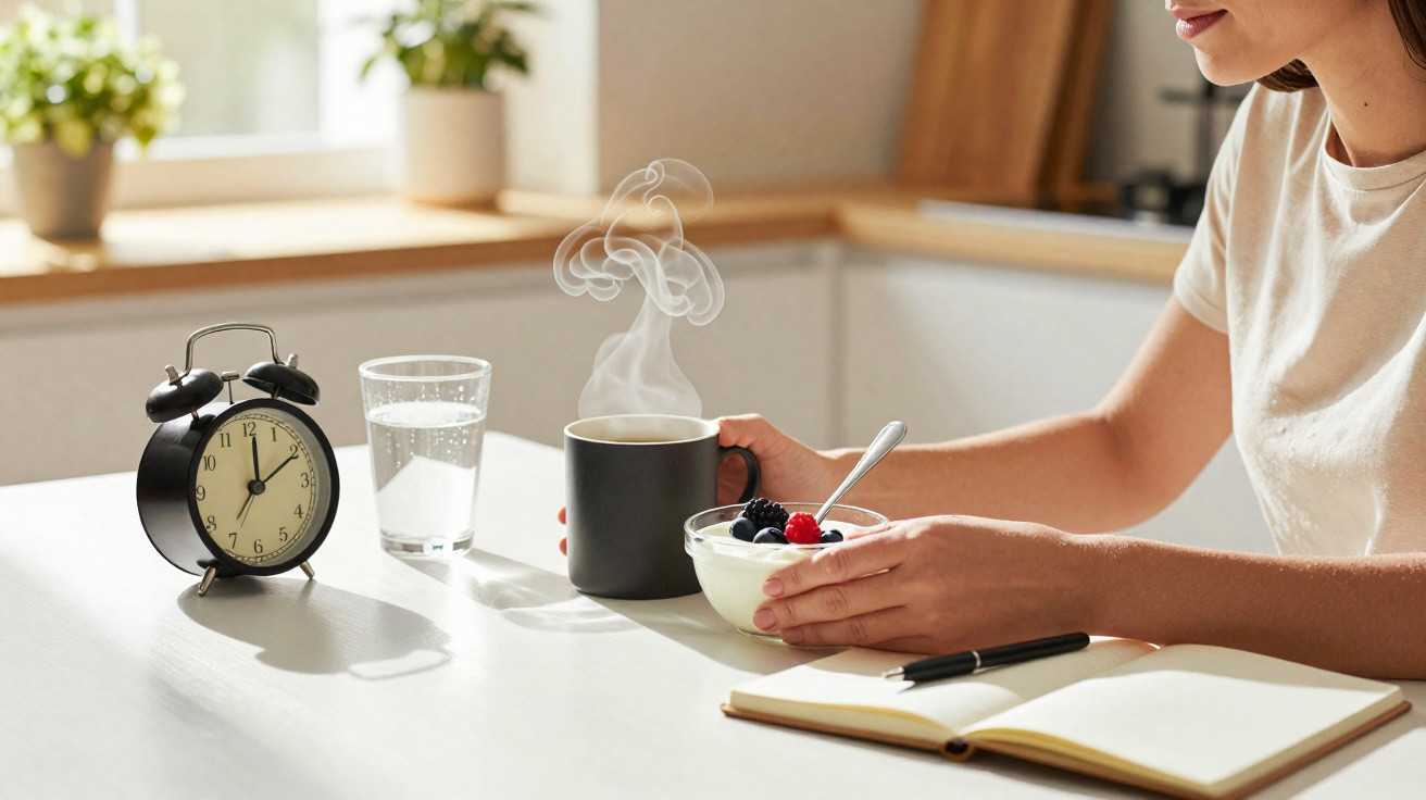 Pessoa a tomar pequeno-almoço com café fumegante, iogurte com frutos vermelhos, despertador e caderno aberto.