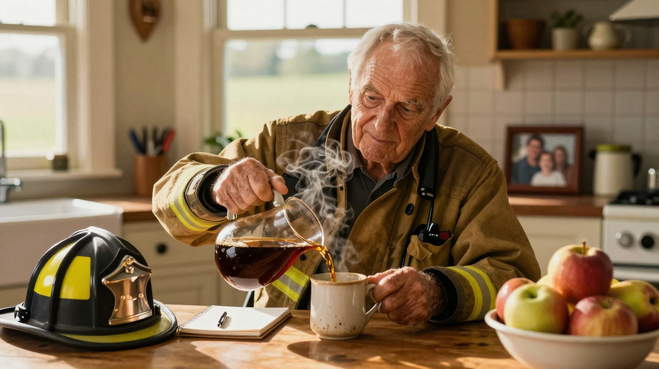 Homem idoso vestido de bombeiro a servir café quente numa caneca numa cozinha iluminada.