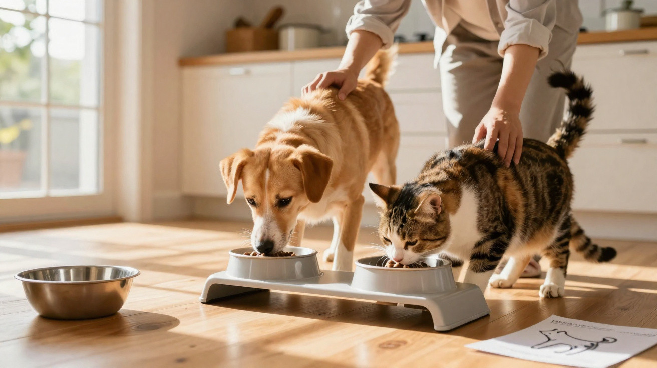 Cão e gato a comerem em tigelas, enquanto pessoa os acaricia numa cozinha iluminada.
