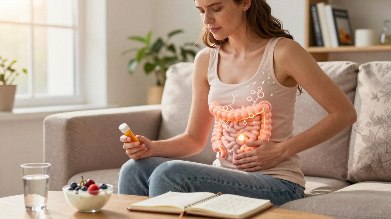Mulher sentada no sofá com dor abdominal e ilustração do intestino sobreposta no corpo.