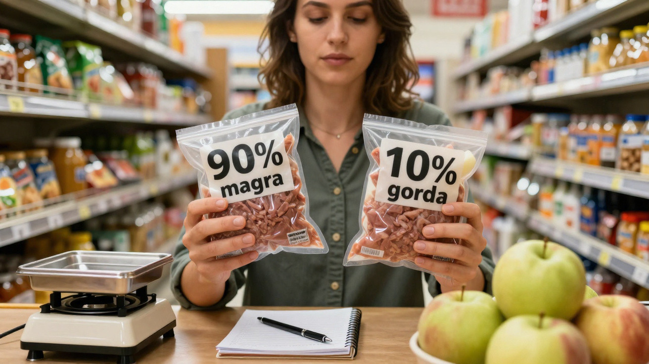 Mulher comparando pacotes de carne moída com rótulos "90% magra" e "10% gorda" num supermercado.