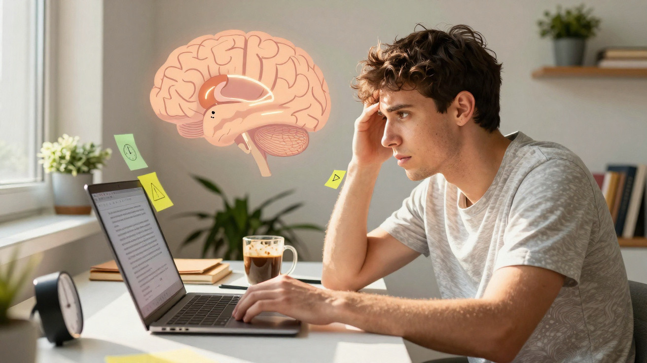 Jovem a estudar no computador com ilustração de cérebro e ambiente tranquilo em casa.