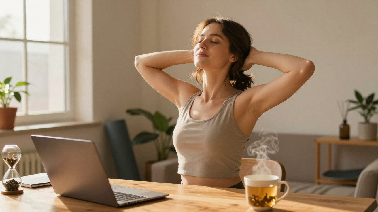 Mulher relaxa com olhos fechados sentada à mesa com portátil e chá quente num ambiente acolhedor em casa.