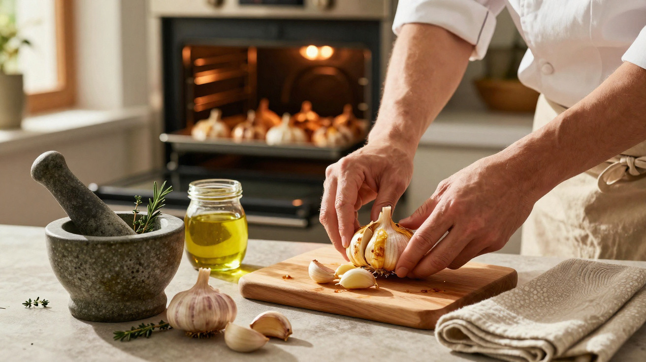 Pessoa a descascar dentes de alho numa tábua de madeira numa cozinha rústica com almofariz, azeite e forno a lenha.