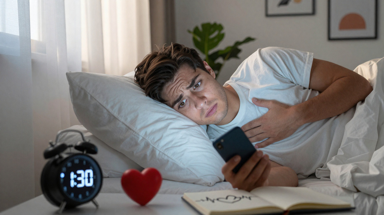 Homem deitado na cama de madrugada, preocupado, a olhar para o telemóvel, com despertador e coração vermelho na mesa.