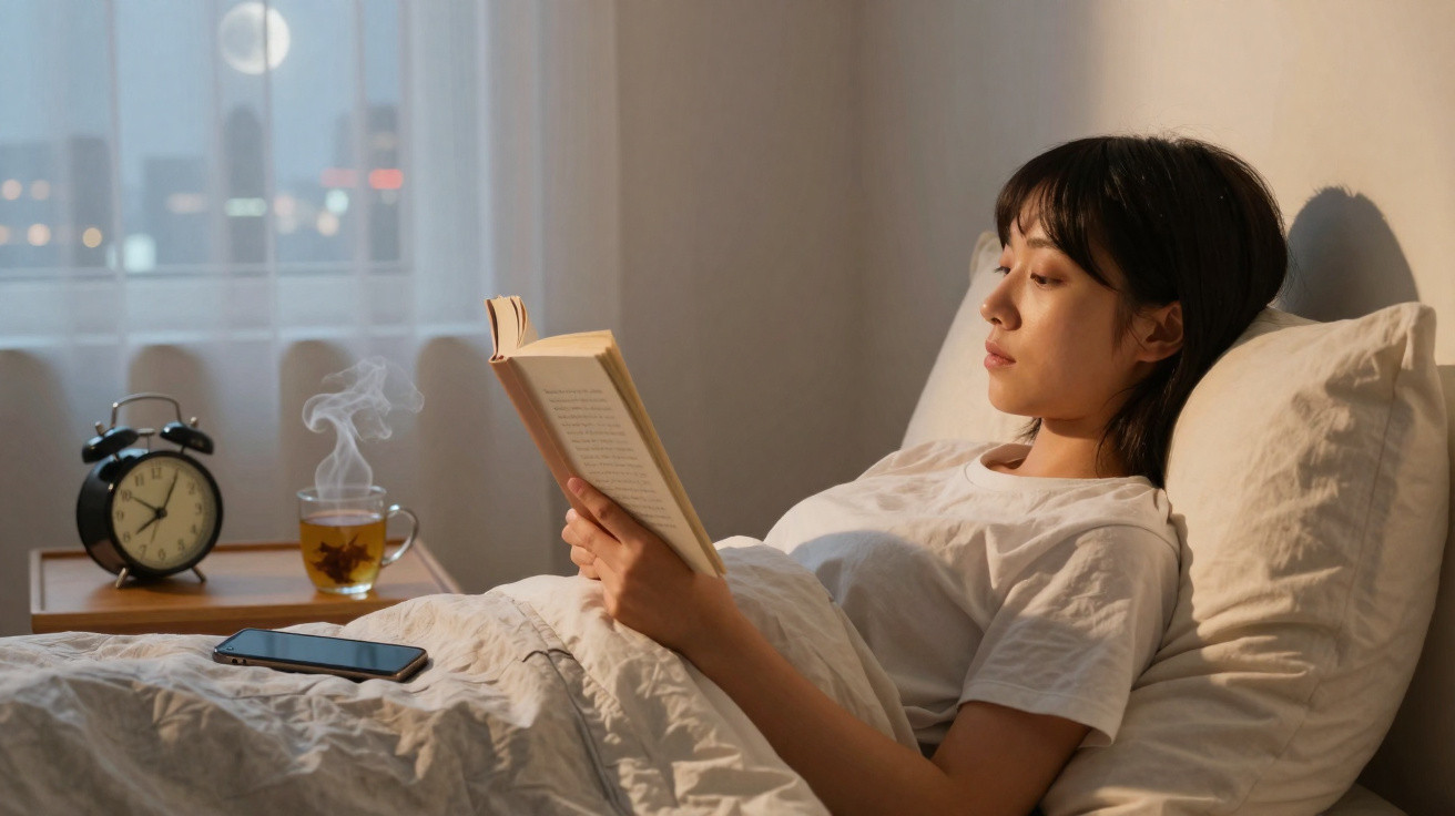 Mulher deitada na cama, a ler um livro, com chá quente e despertador numa mesa ao lado.