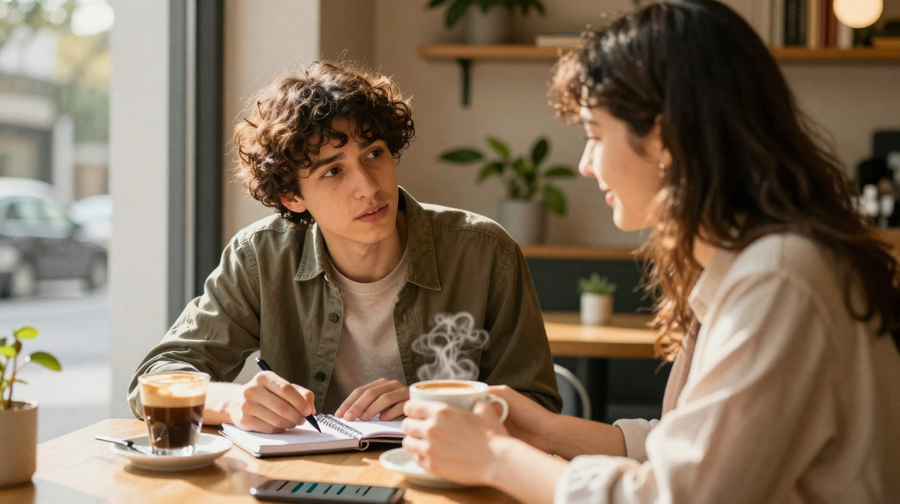 Jovem a estudar com caderno aberto enquanto conversa com mulher que segura chá quente numa cafeteria.