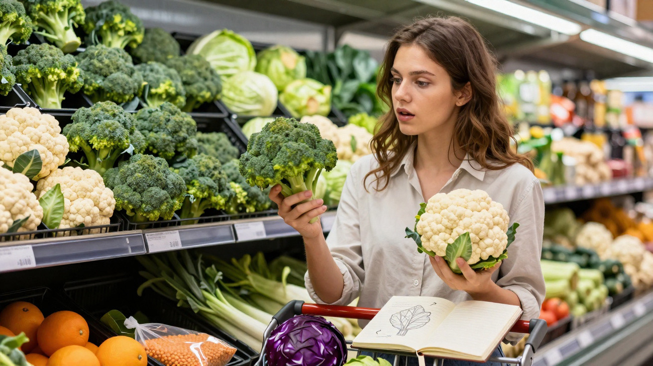 Mulher escolhe entre brócolos e couve-flor no supermercado, com caderno aberto no carrinho de compras.