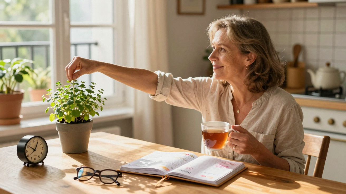 Mulher sénior sentada à mesa, segura chá e toca em planta, com caderno aberto e óculos à frente.