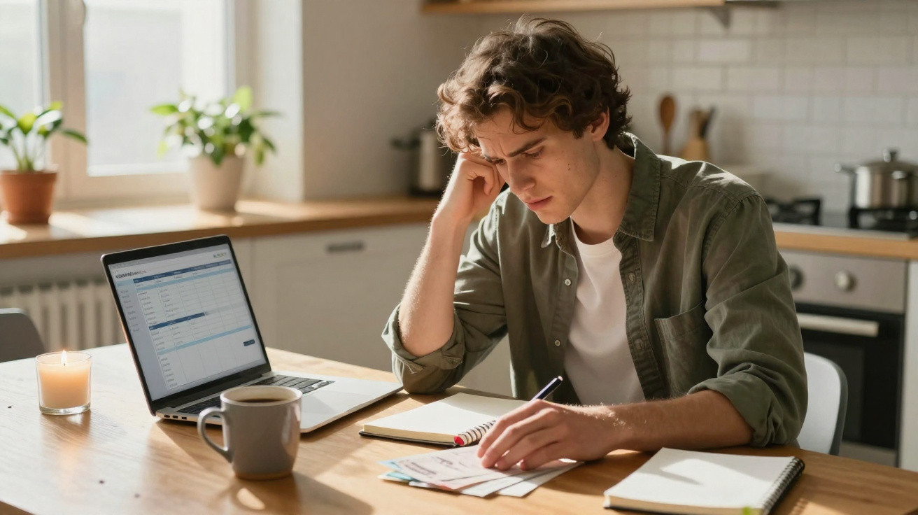 Homem jovem a analisar documentos e calcular finanças numa mesa de cozinha com computador portátil aberto.