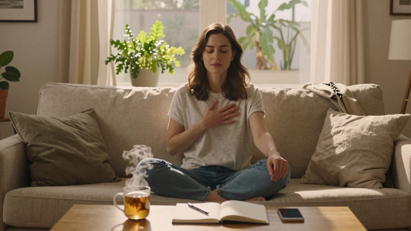 Mulher sentada no sofá em posição de meditação com mão no peito, perto de chá quente e caderno aberto.