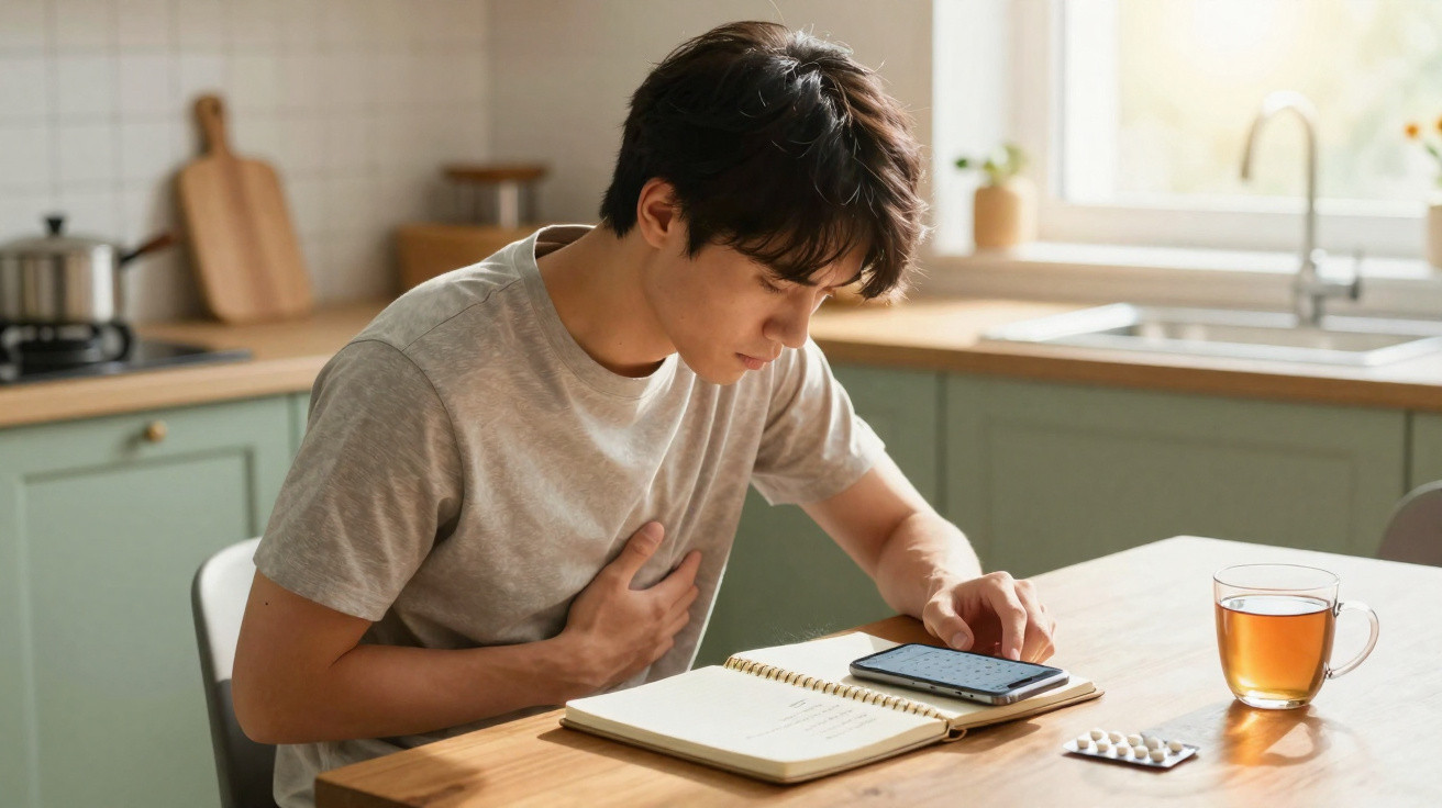 Homem jovem com dor no peito sentado numa cozinha diante de telemóvel, caderno, comprimidos e chá.