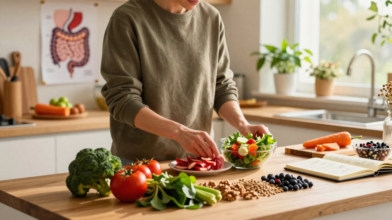 Pessoa a preparar salada com legumes e frutas frescas numa cozinha luminosa e organizada.