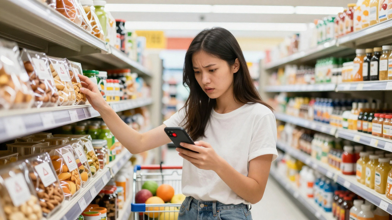 Mulher jovem num supermercado a olhar para o telemóvel enquanto escolhe produtos na prateleira.