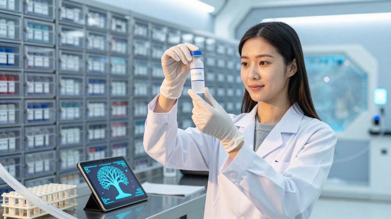 Cientista de laboratório analisa amostra em tubo de ensaio enquanto um tablet mostra imagem digital de árvore.