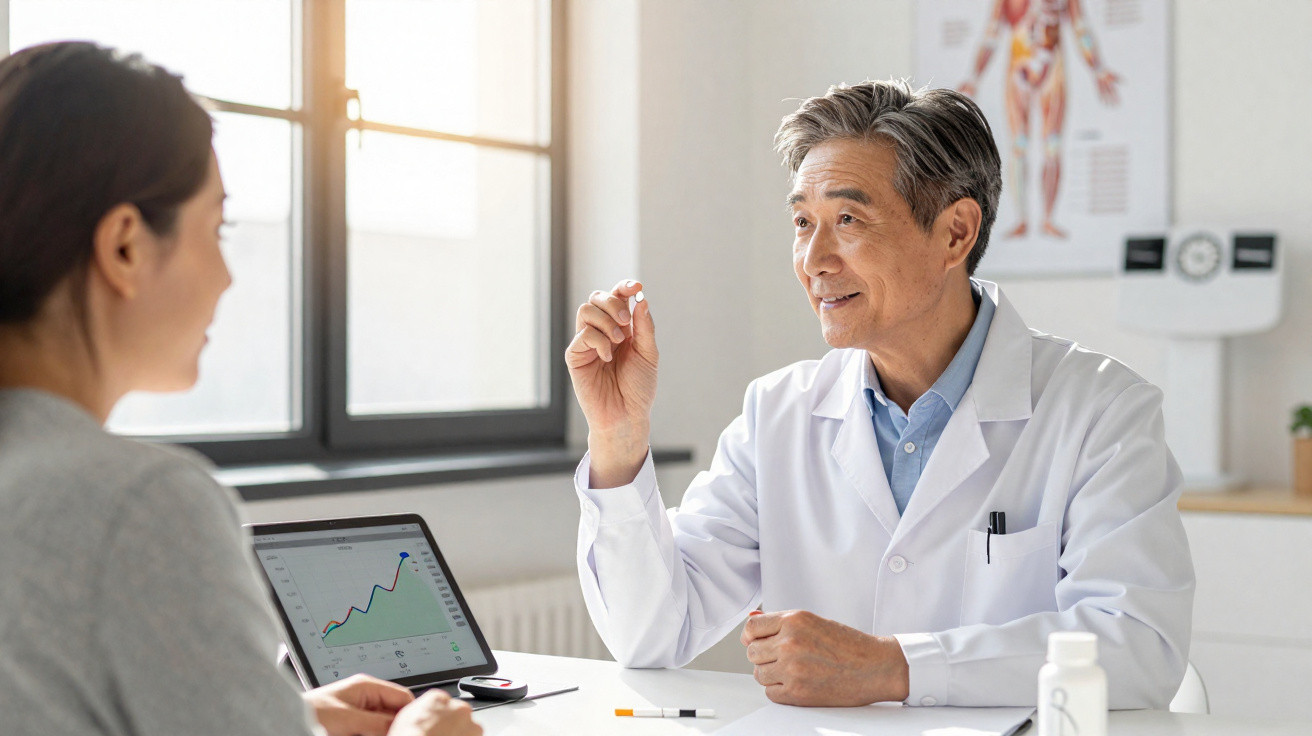 Médico a explicar tratamento a paciente, com gráfico num tablet numa clínica iluminada por luz natural.