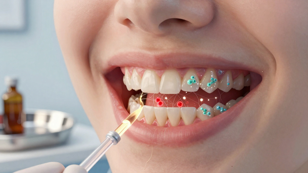 Pessoa a receber tratamento dentário com luz e dispositivos digitais para limpeza e análise dos dentes.